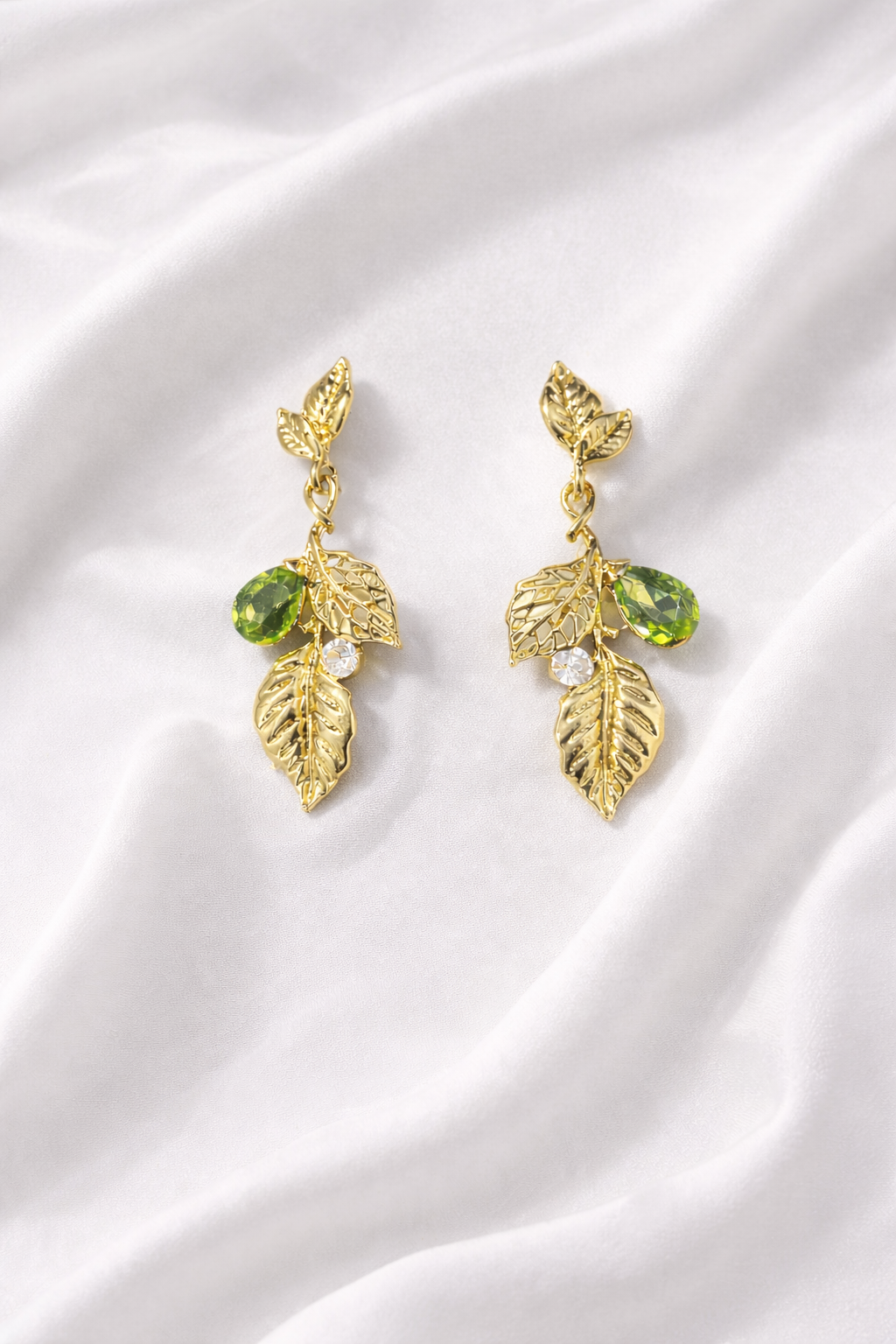 Verdant Green Teardrop & Gold Leaf Dangle Earrings