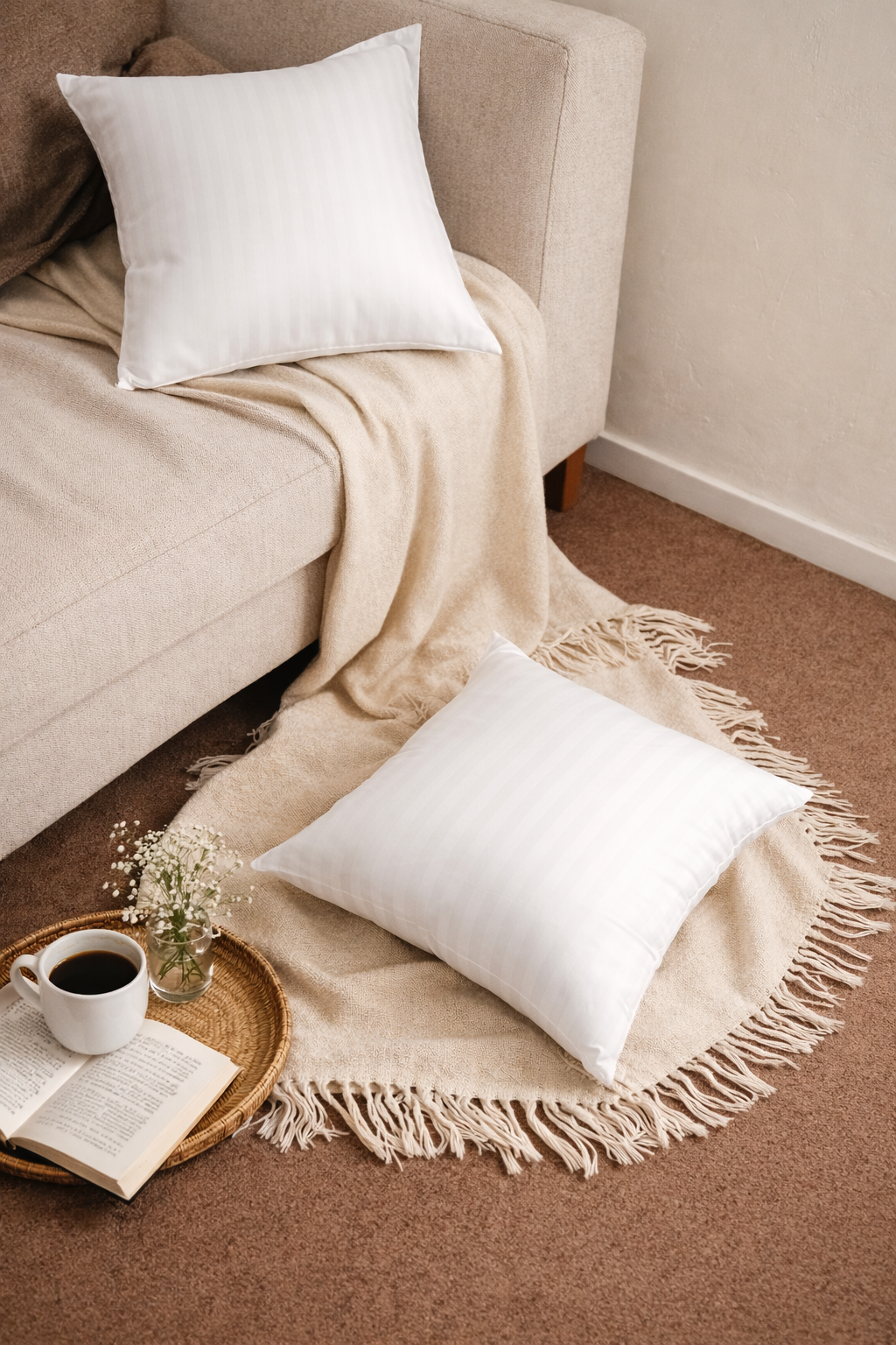 Classic White Satin Stripe Decorative Pillow Duo