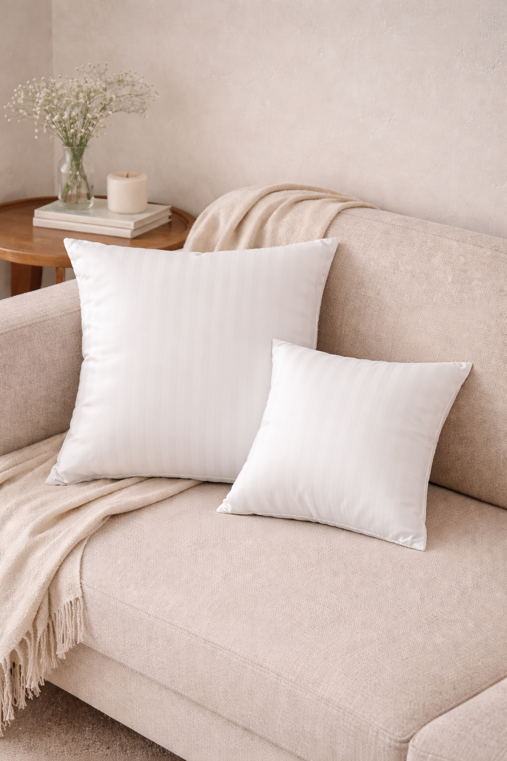 Classic White Satin Stripe Decorative Pillow Duo