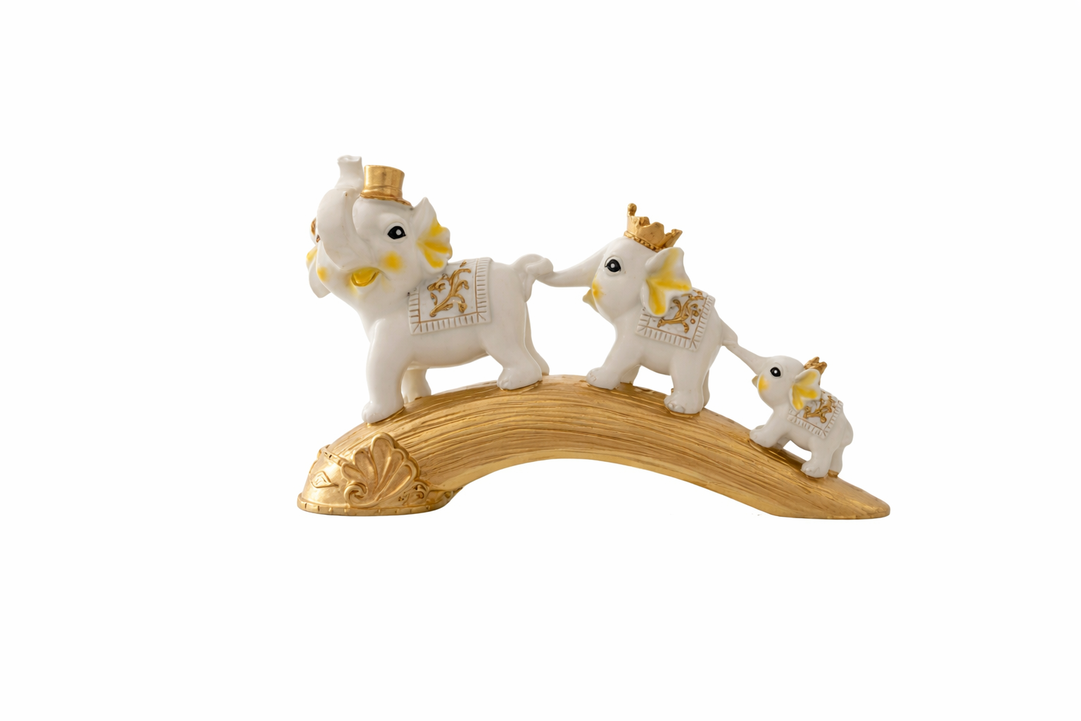 White & Gold Elephant Family on Bridge – Feng Shui Lucky Home Decor Statue