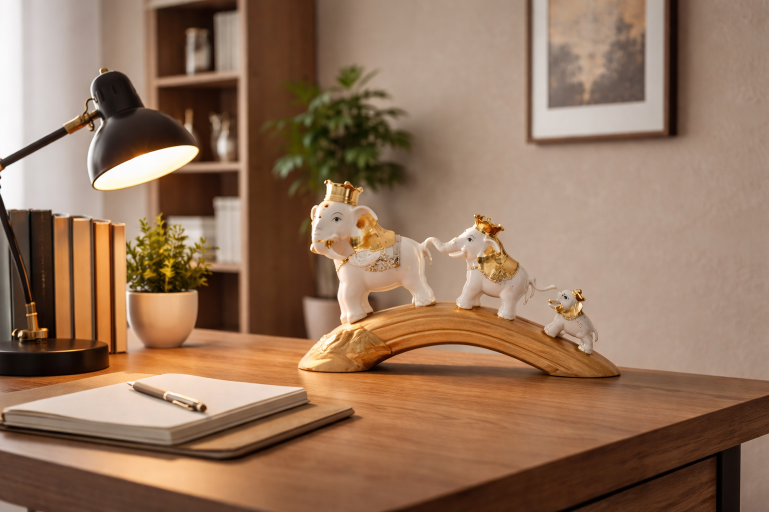 White & Gold Elephant Family on Bridge – Feng Shui Lucky Home Decor Statue