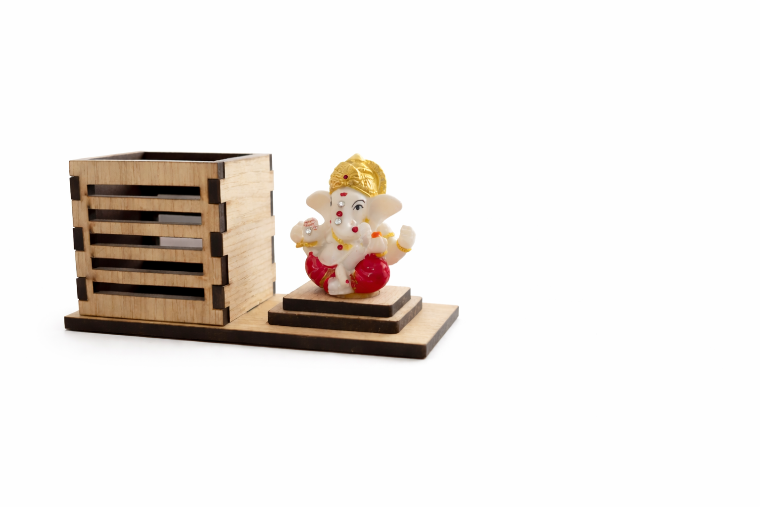 Divine Baby Ganesha Idol with Wooden Stand – Compact Dashboard & Desk Decor