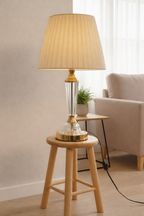 Elegant Crystal Stem Table Lamp with Pleated Beige Shade – Modern Bedside Light