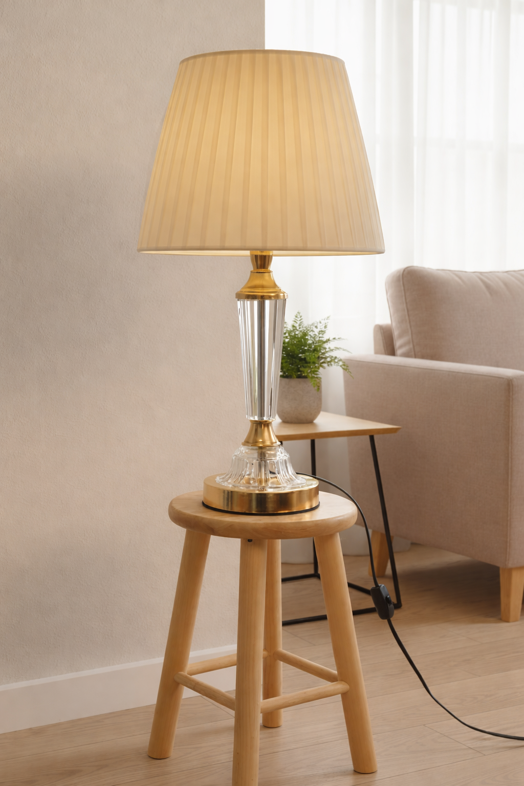 Elegant Crystal Stem Table Lamp with Pleated Beige Shade – Modern Bedside Light