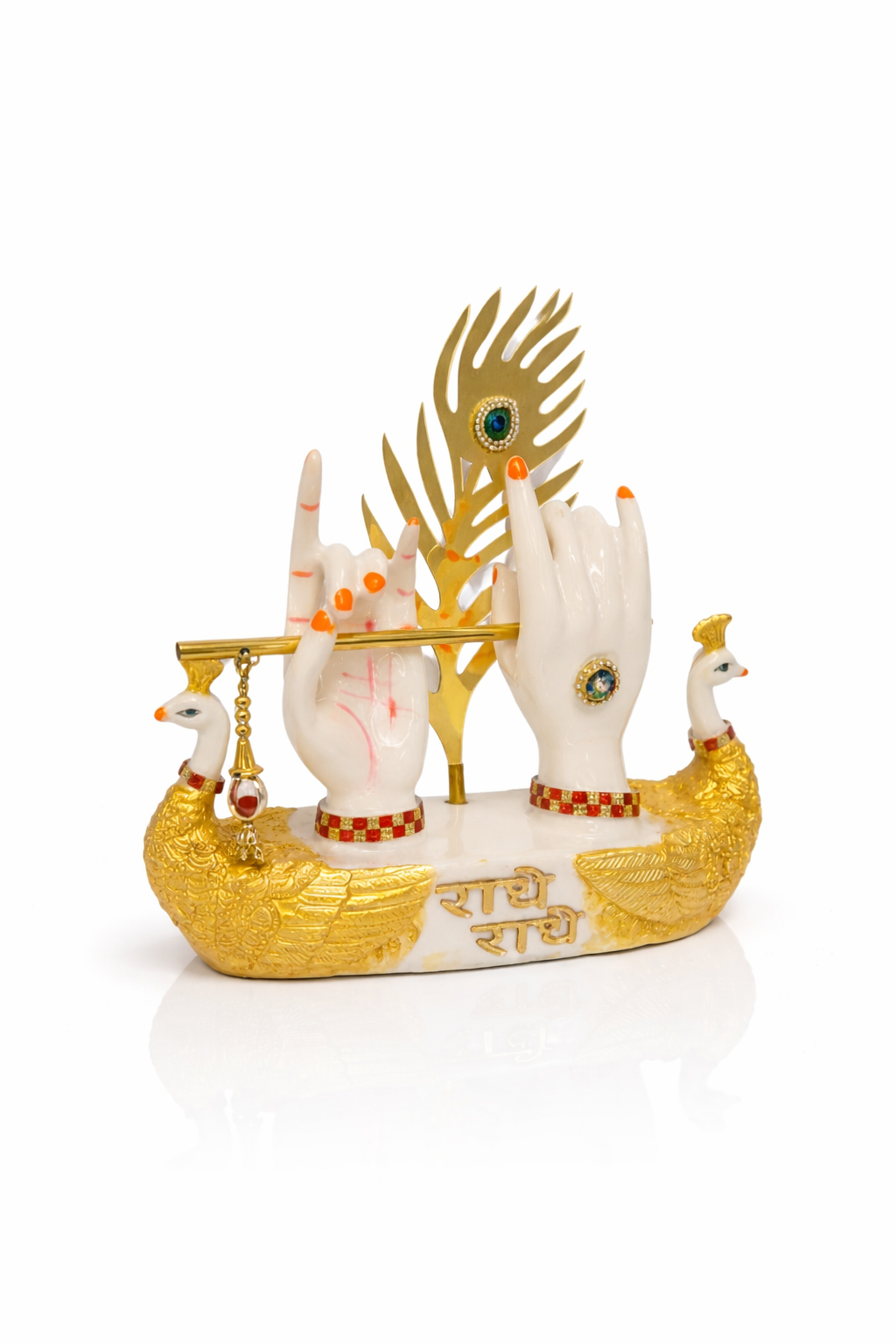 Divine Krishna Hands with Flute & Peacocks – "Radhe Radhe" Idol