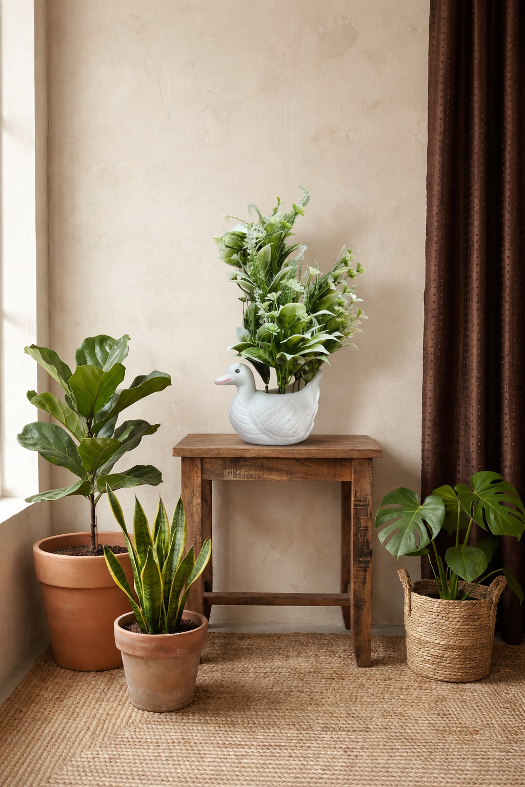 Whimsical Ceramic Duck Planter with Faux Greenery
