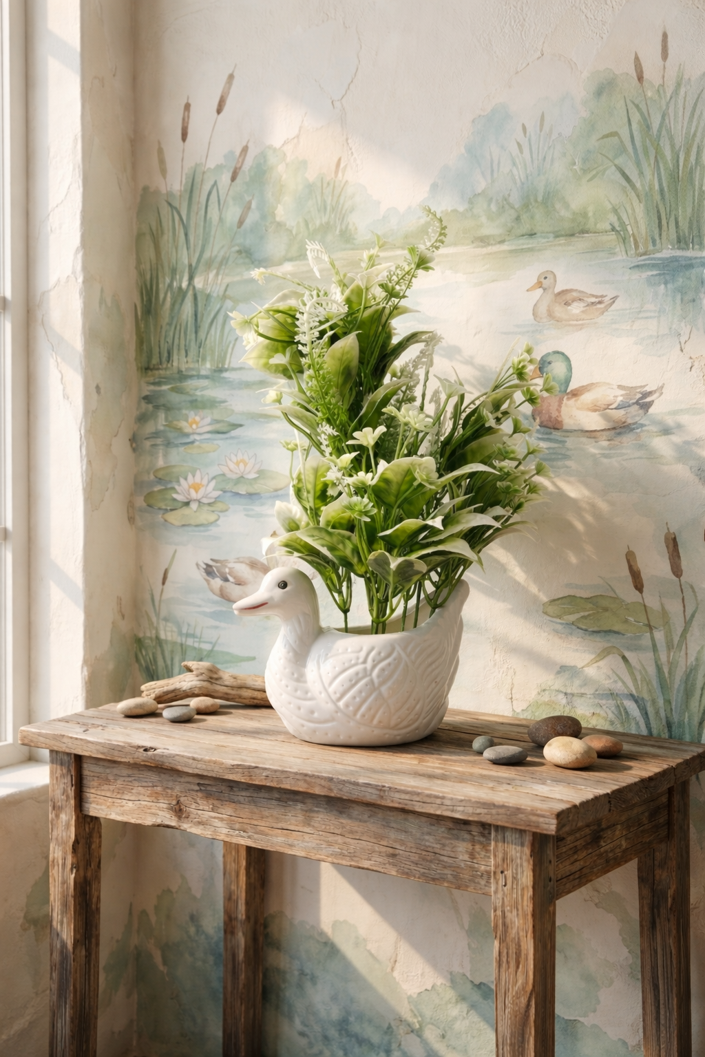 Whimsical Ceramic Duck Planter with Faux Greenery