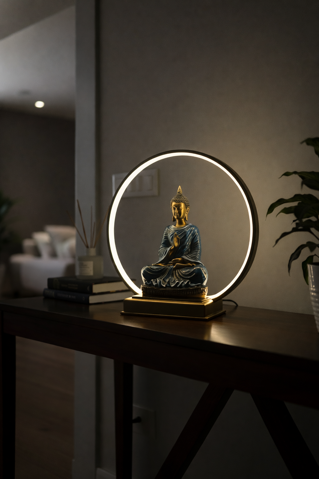 Zen Meditating Buddha Statue with LED Ring Light