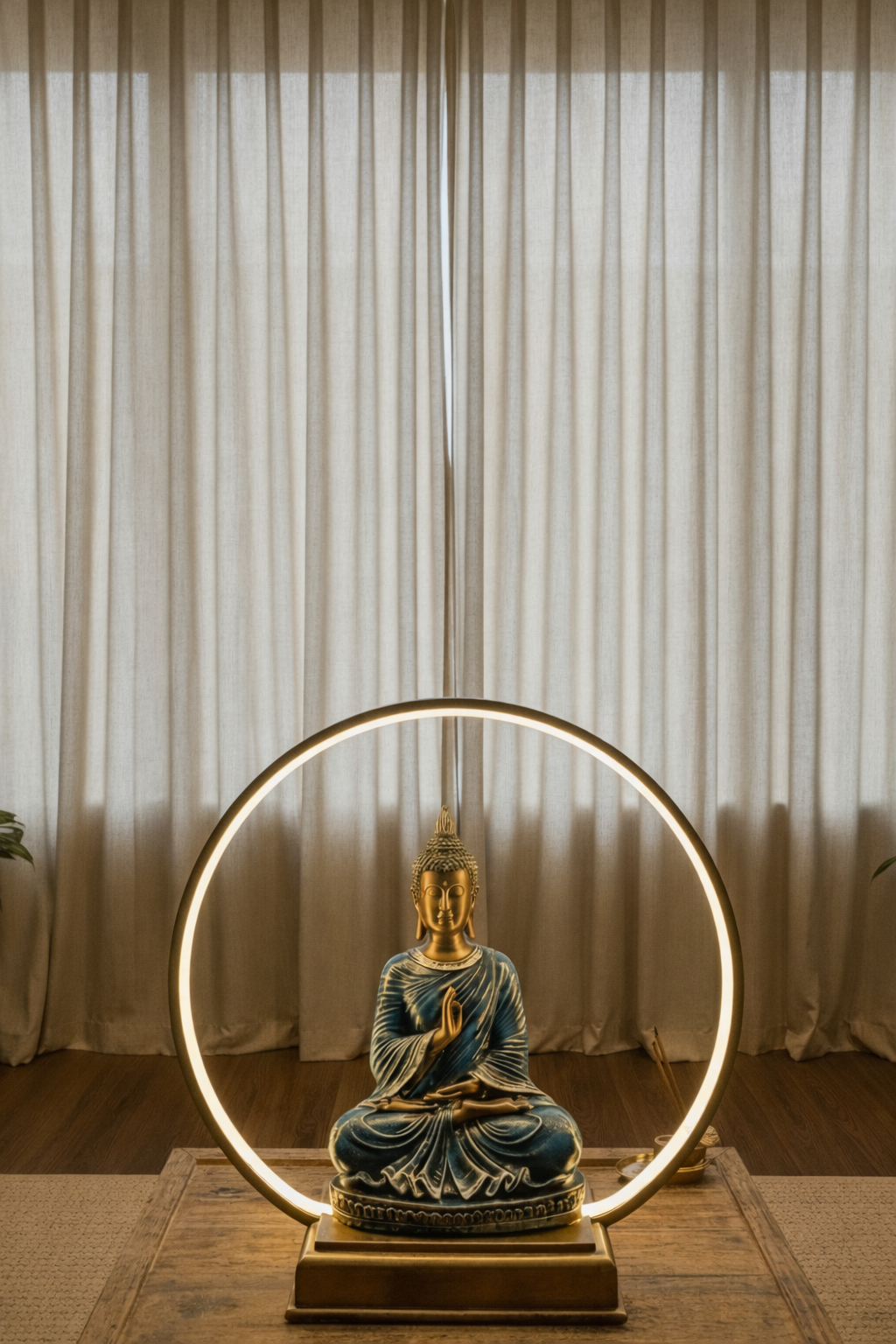 Zen Meditating Buddha Statue with LED Ring Light