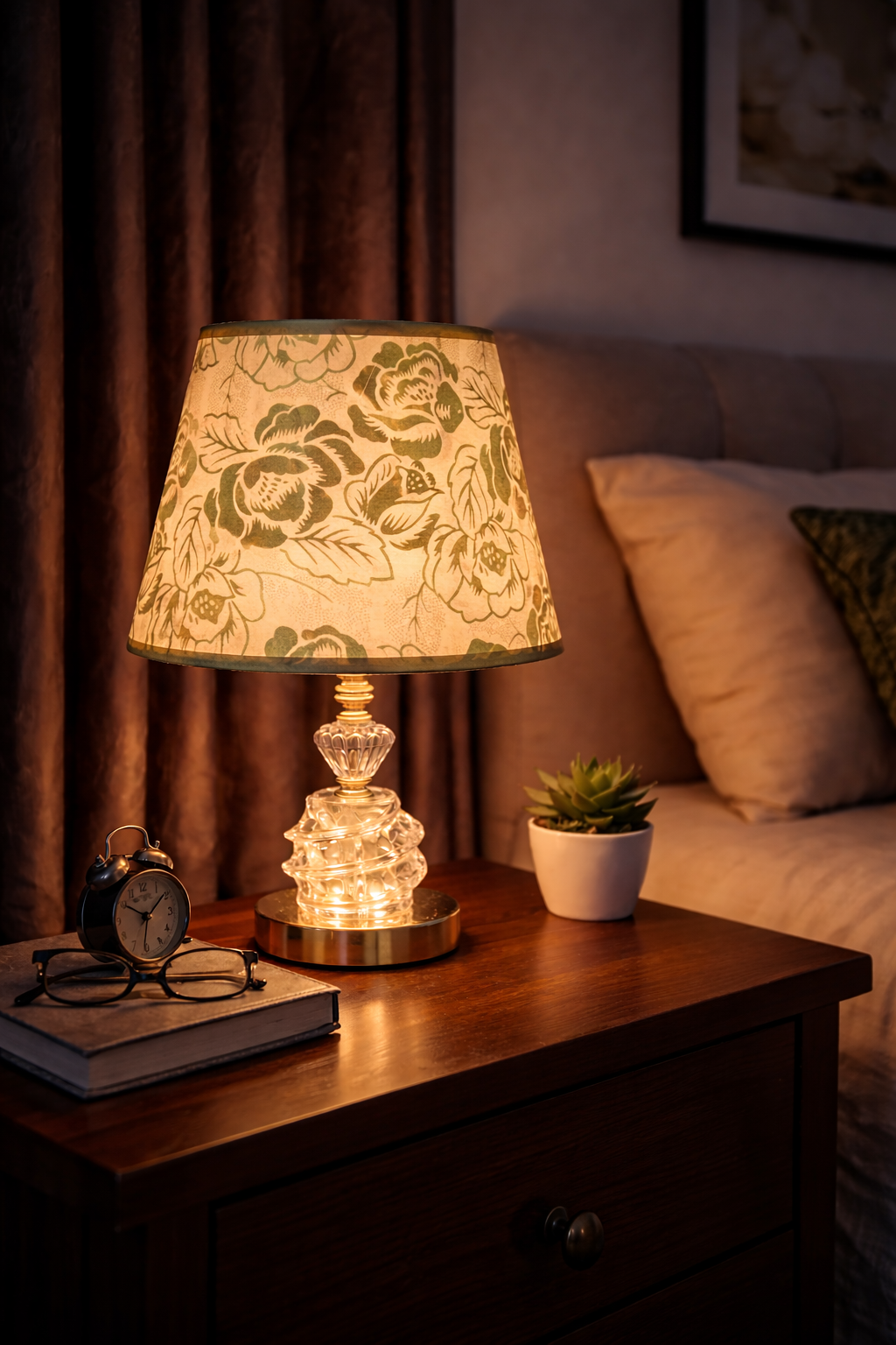 Crystal Base Table Lamp with Rose Print Shade