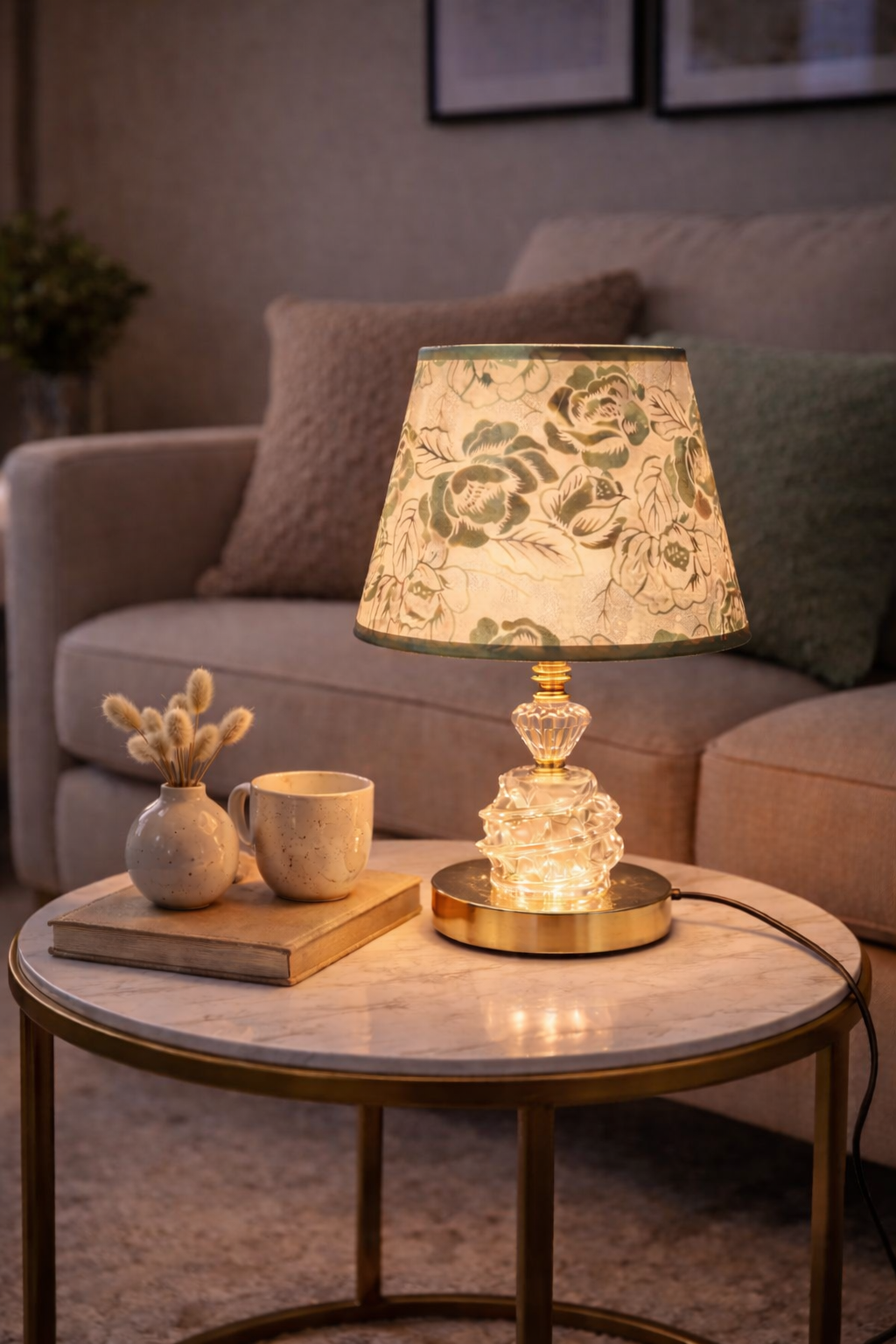 Crystal Base Table Lamp with Rose Print Shade