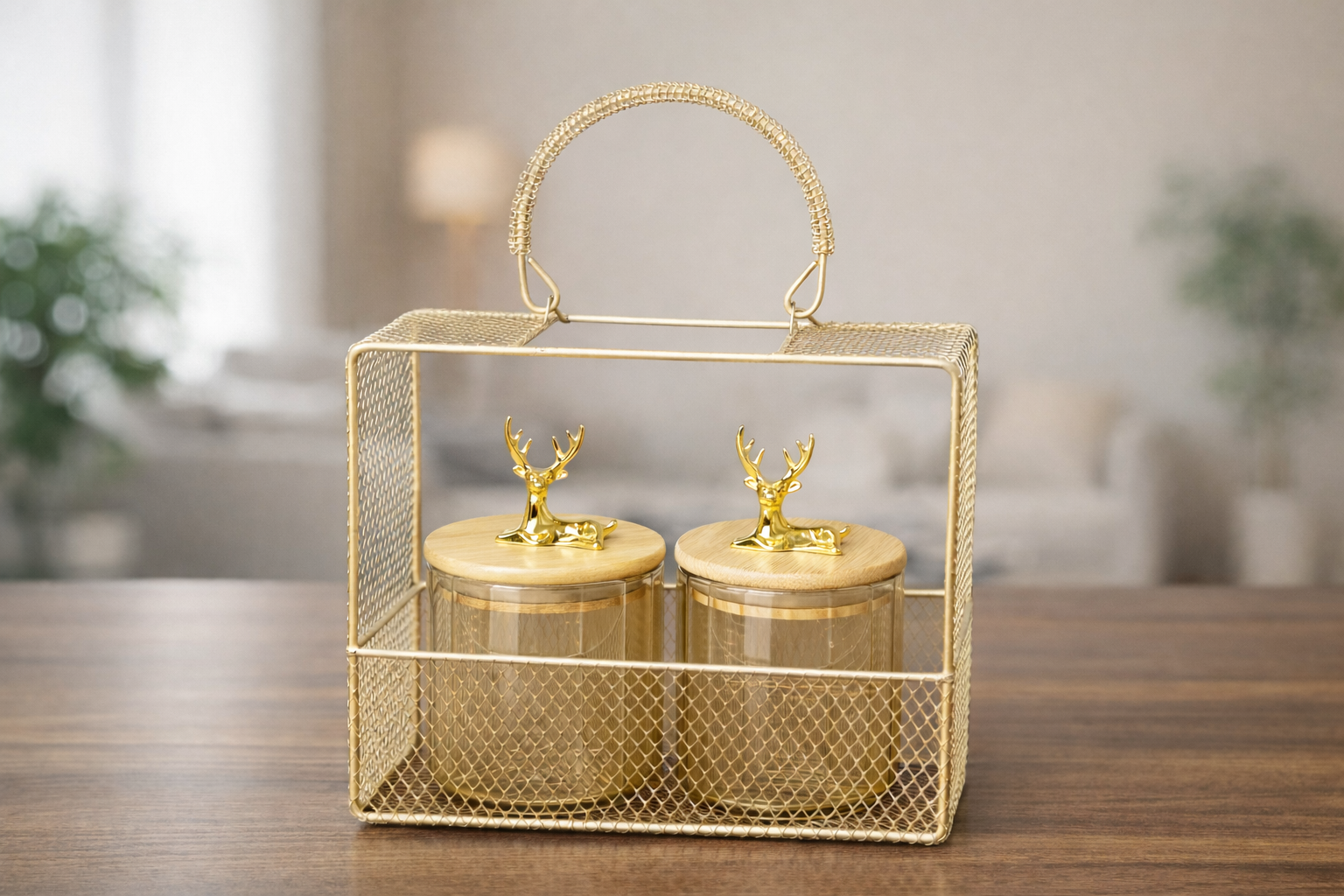 Luxury Gold Mesh Hamper Basket with Deer-Lid Jars