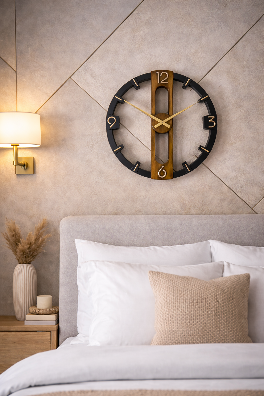 Contemporary Wood & Black Geometric Wall Clock