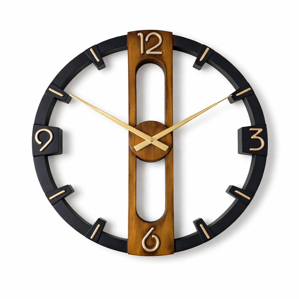 Contemporary Wood & Black Geometric Wall Clock