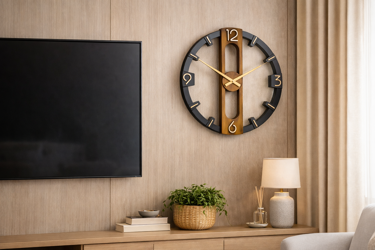 Contemporary Wood & Black Geometric Wall Clock