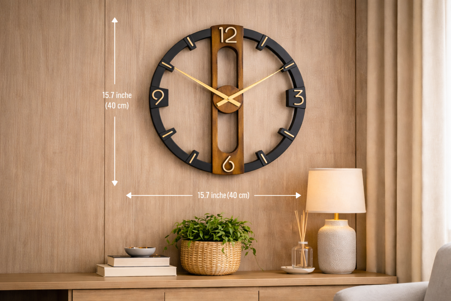 Contemporary Wood & Black Geometric Wall Clock