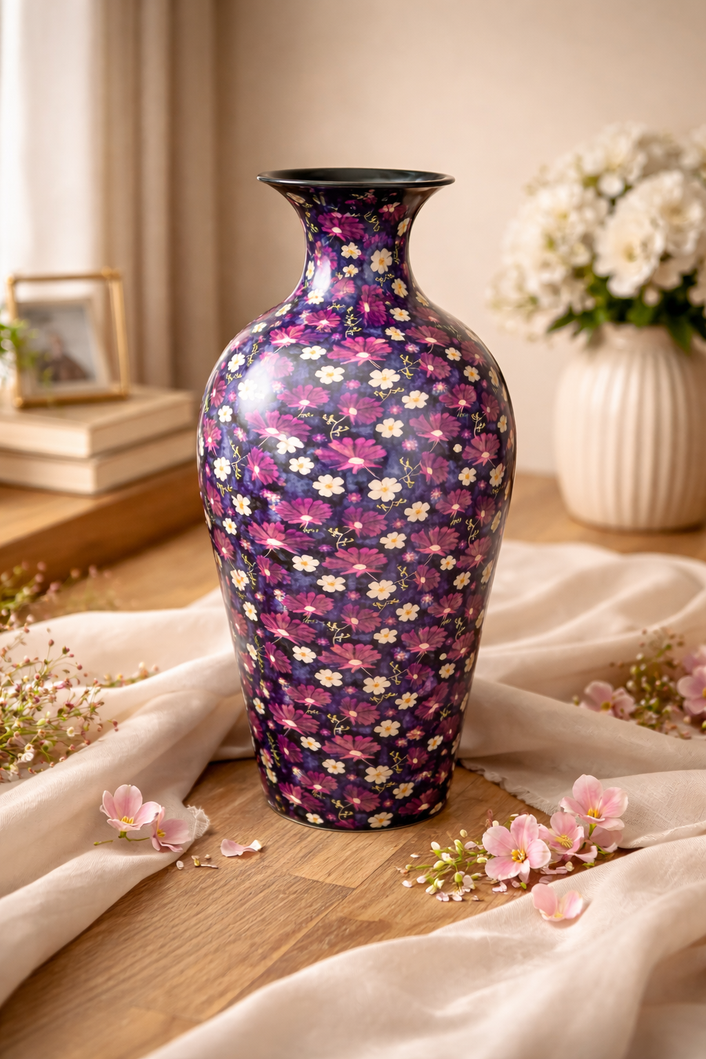 Midnight Blue Floral Printed Metal Vase