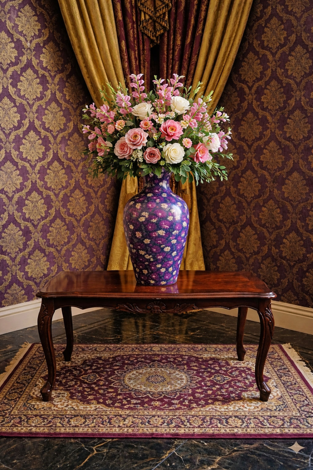 Midnight Blue Floral Printed Metal Vase