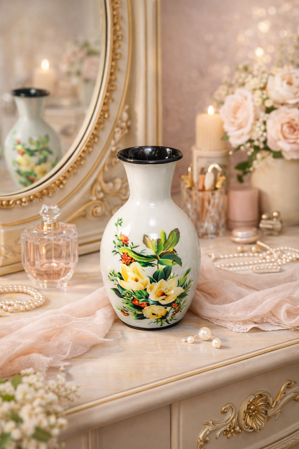 Classic White Ceramic Vase with Summer Floral Art