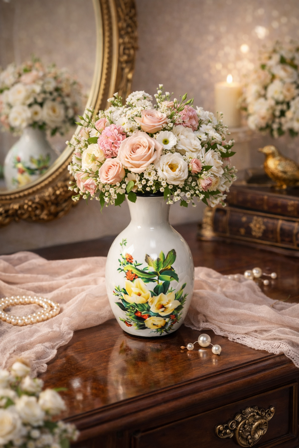 Classic White Ceramic Vase with Summer Floral Art