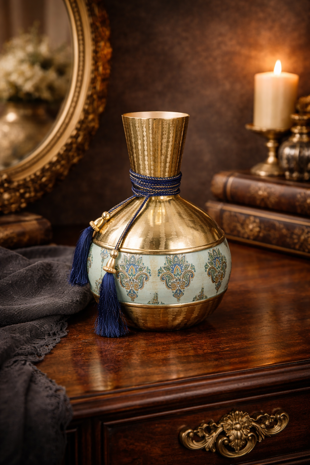 Ethnic Brass Vase with Blue Rope & Print Details