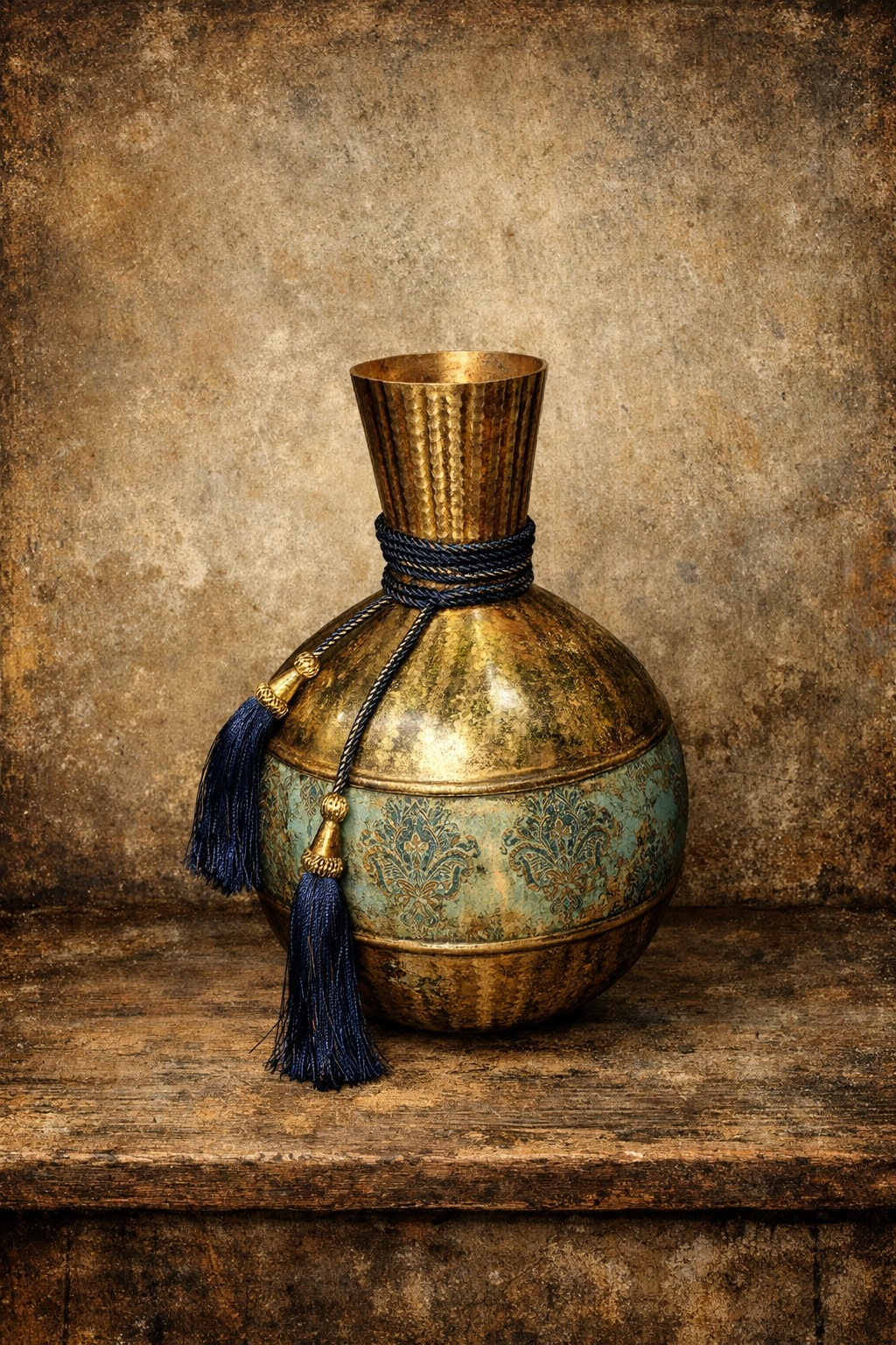 Ethnic Brass Vase with Blue Rope & Print Details