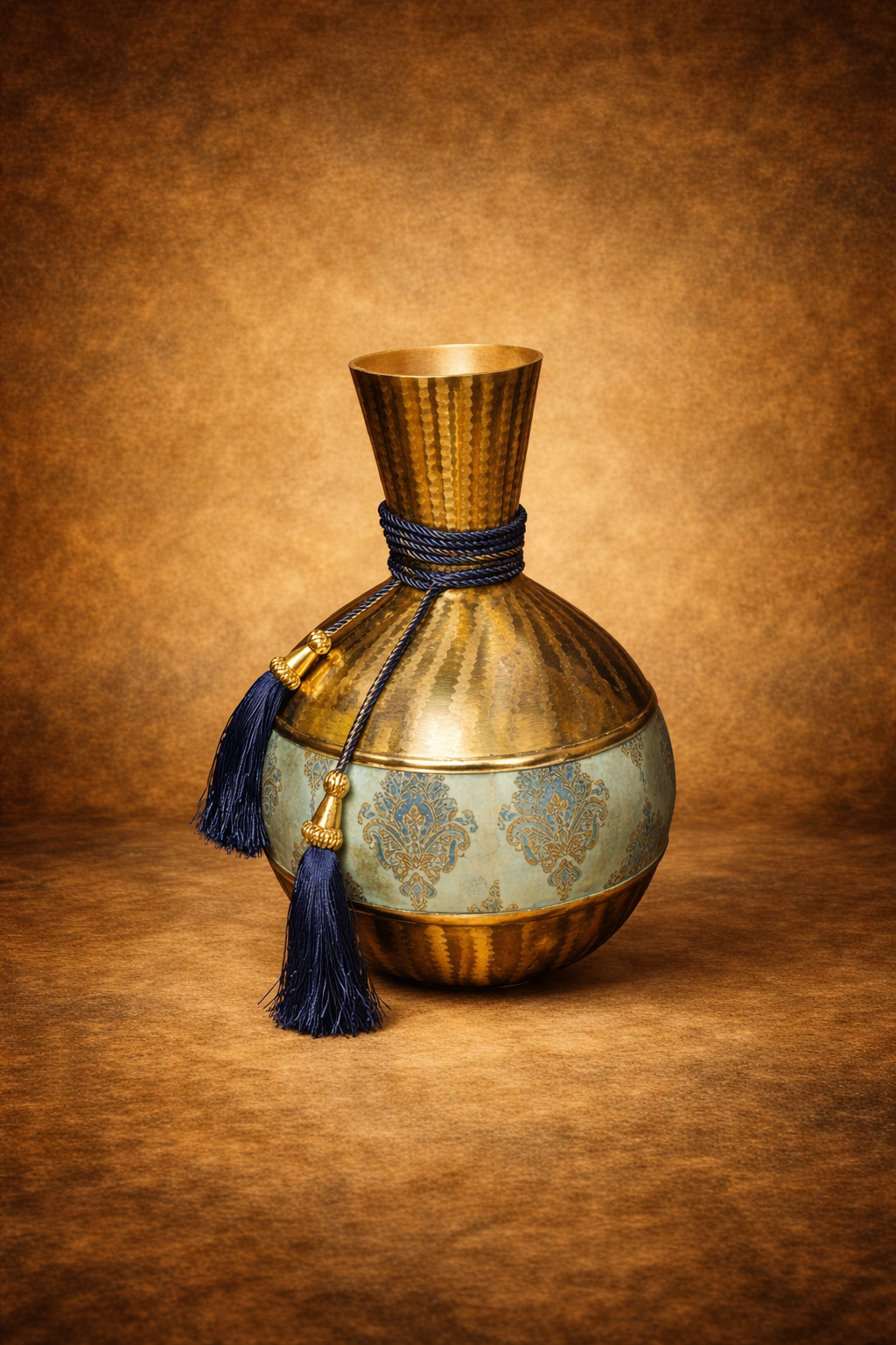 Ethnic Brass Vase with Blue Rope & Print Details