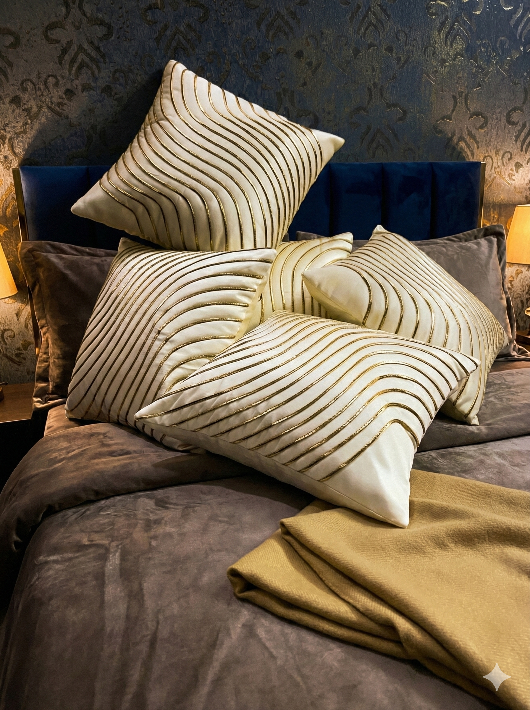 Elegant Cream & Gold Wave Embroidered Cushion Cover Set