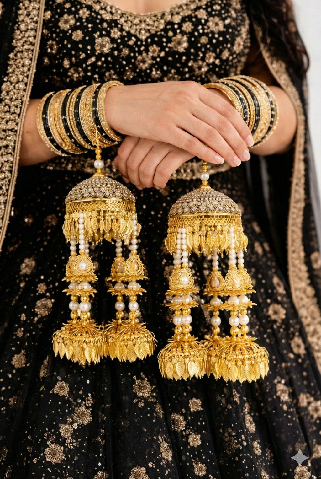 Royal Polki Studded Gold Kaleere with Pearl Strands