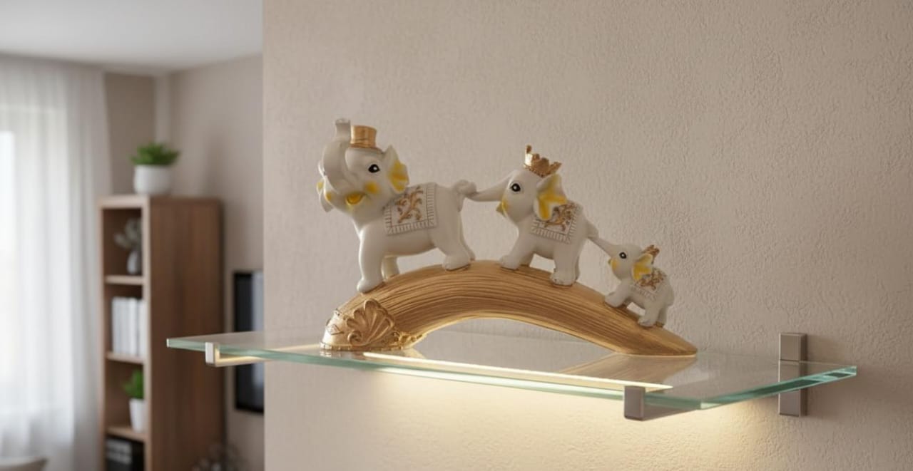 White & Gold Elephant Family on Bridge – Feng Shui Lucky Home Decor Statue
