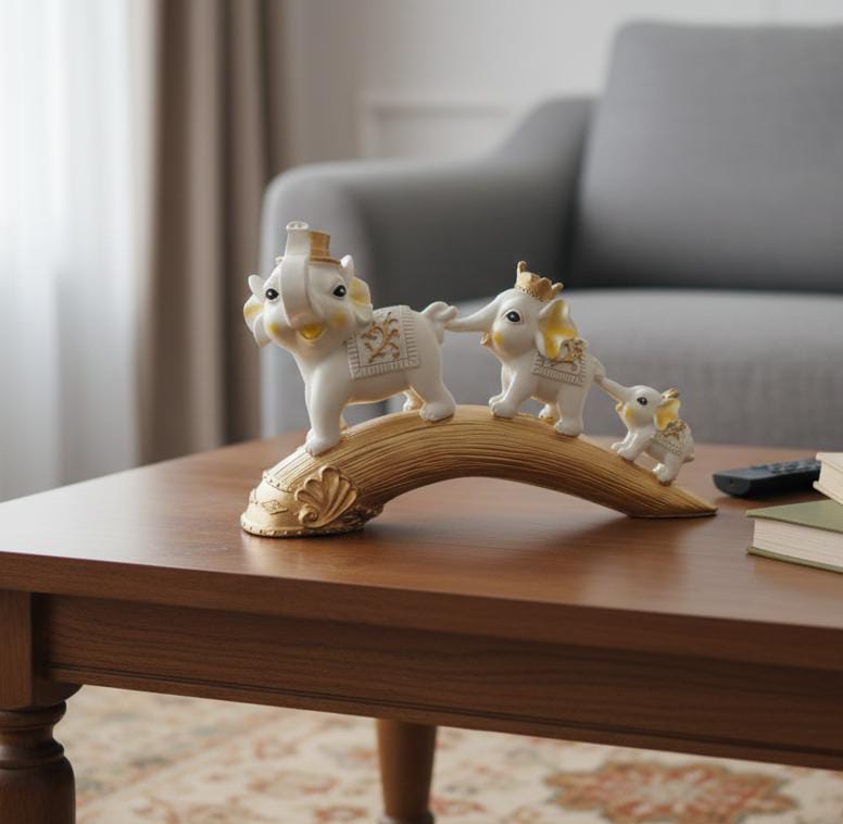 White & Gold Elephant Family on Bridge – Feng Shui Lucky Home Decor Statue