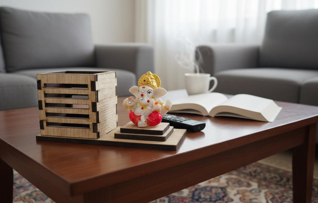 Divine Baby Ganesha Idol with Wooden Stand – Compact Dashboard & Desk Decor