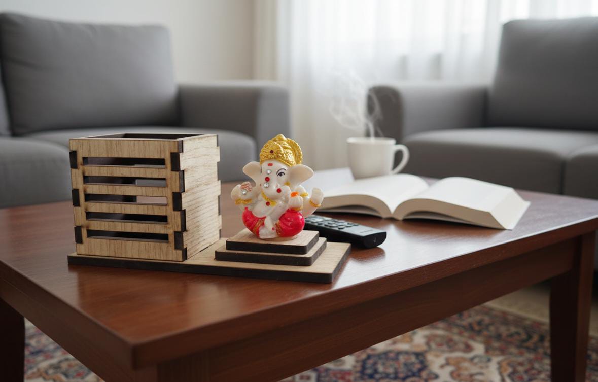 Divine Baby Ganesha Idol with Wooden Stand – Compact Dashboard & Desk Decor