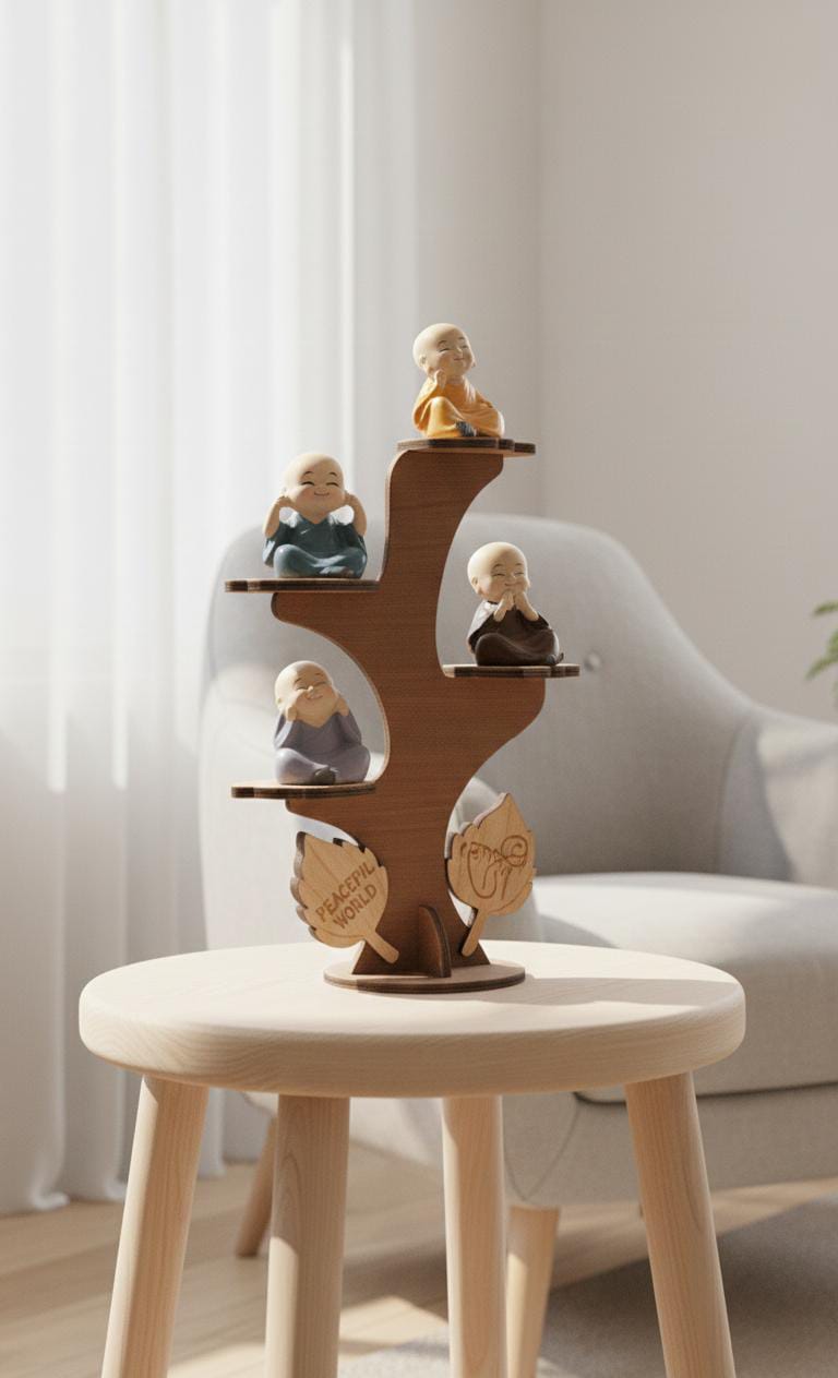 Set of 4 Baby Monks on "Peaceful World" Tree Stand – Wisdom & Serenity Decor