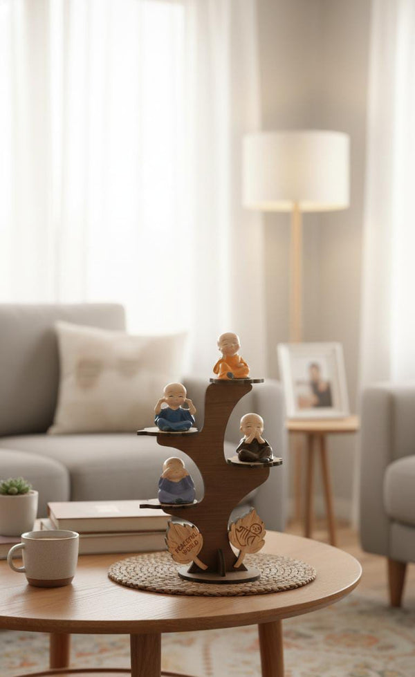 Set of 4 Baby Monks on "Peaceful World" Tree Stand – Wisdom & Serenity Decor