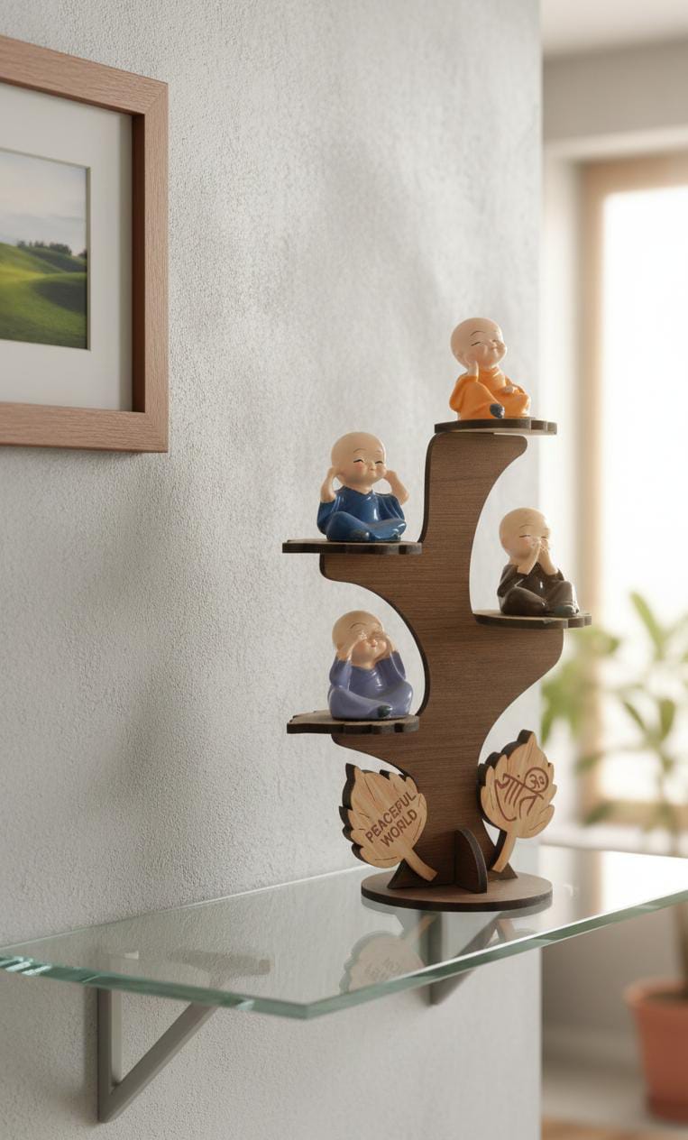 Set of 4 Baby Monks on "Peaceful World" Tree Stand – Wisdom & Serenity Decor
