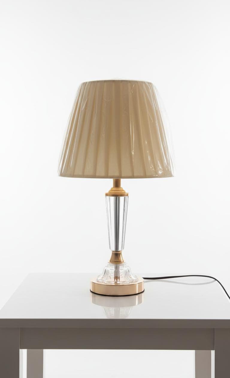 Elegant Crystal Stem Table Lamp with Pleated Beige Shade – Modern Bedside Light