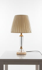 Elegant Crystal Stem Table Lamp with Pleated Beige Shade – Modern Bedside Light
