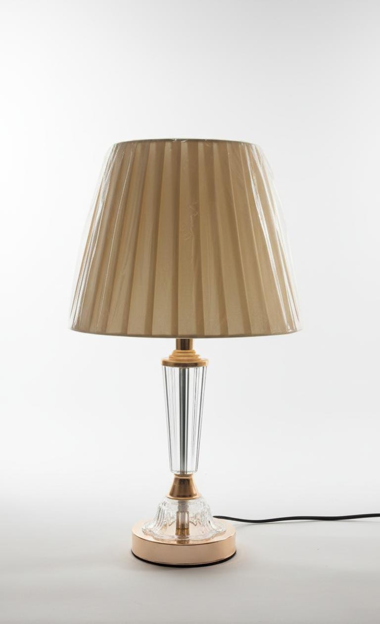 Elegant Crystal Stem Table Lamp with Pleated Beige Shade – Modern Bedside Light