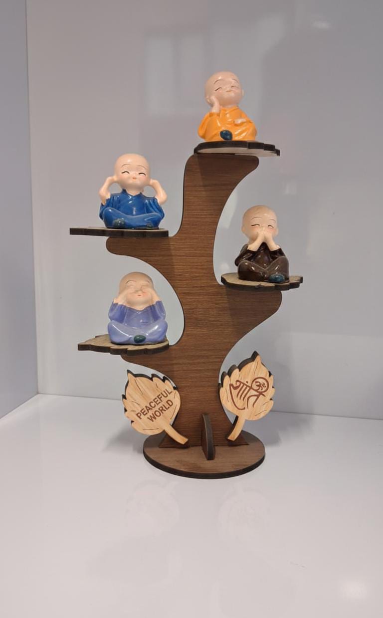 Set of 4 Baby Monks on "Peaceful World" Tree Stand – Wisdom & Serenity Decor