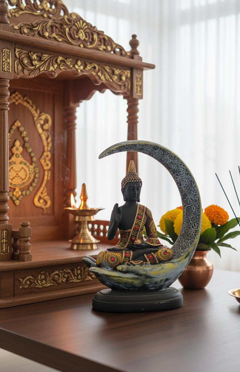 Meditating Buddha on Crescent Moon – Black & Gold Spiritual Home Accent