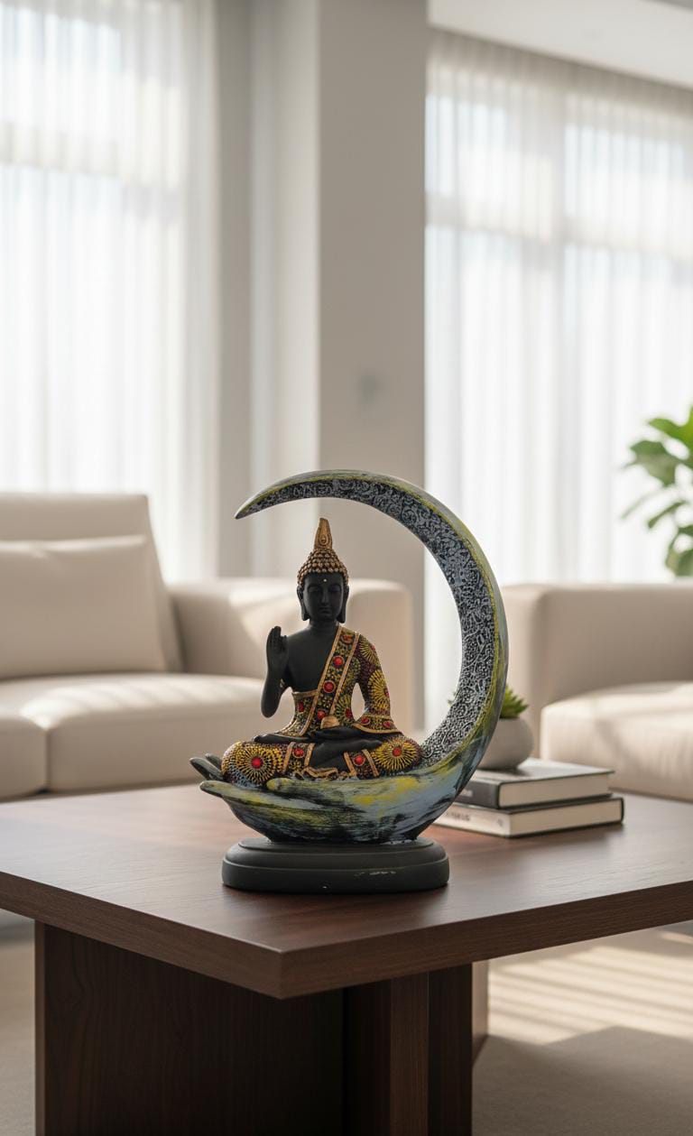Meditating Buddha on Crescent Moon – Black & Gold Spiritual Home Accent