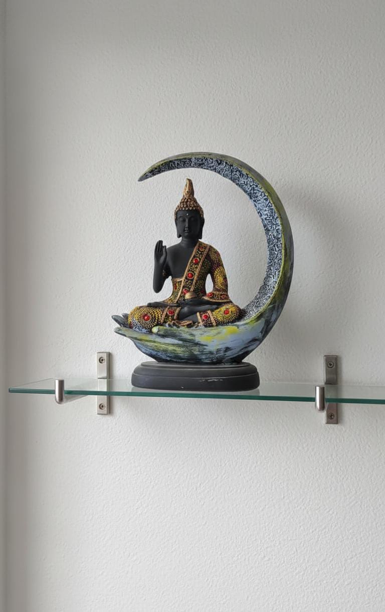 Meditating Buddha on Crescent Moon – Black & Gold Spiritual Home Accent