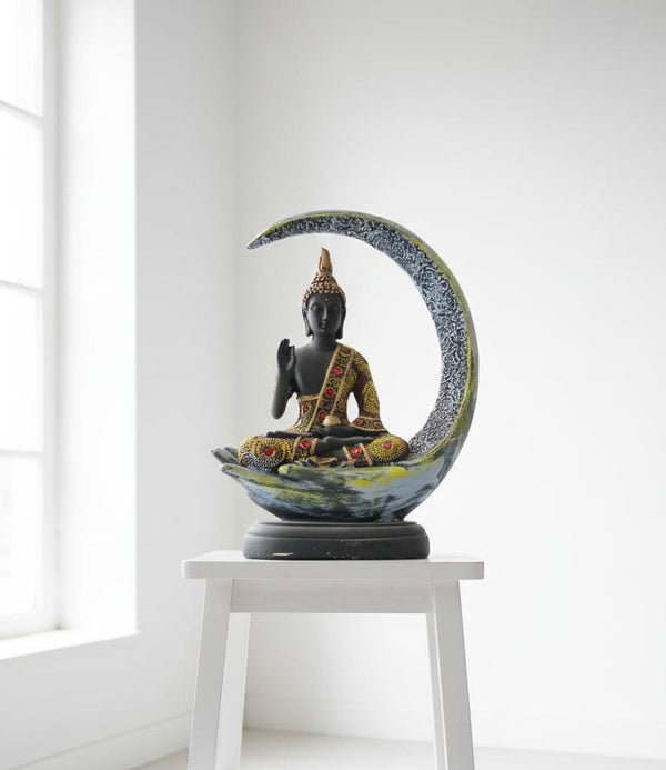 Meditating Buddha on Crescent Moon – Black & Gold Spiritual Home Accent