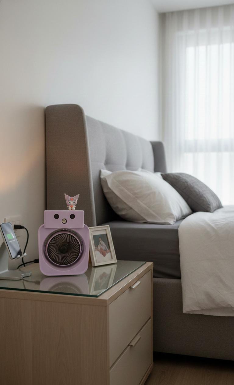 Cute Purple Cartoon Desk Fan – Portable USB Rechargeable Mini Fan