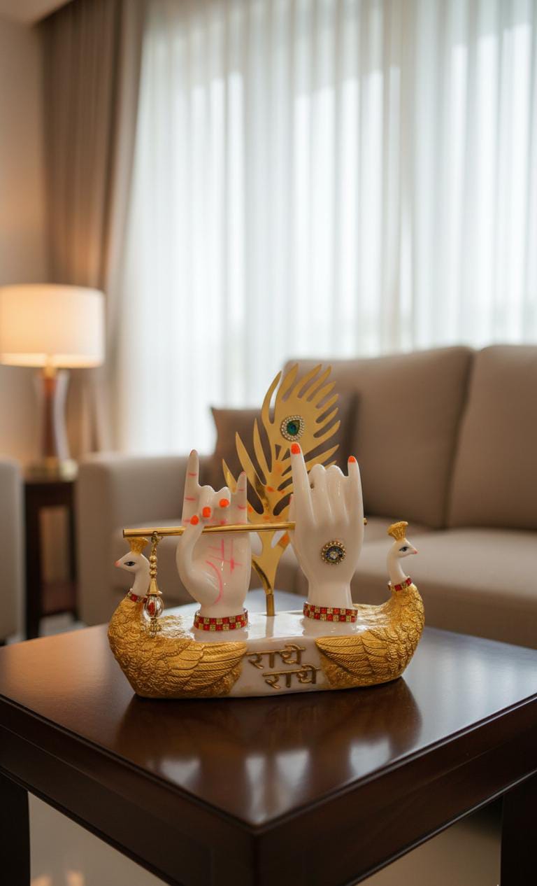 Divine Krishna Hands with Flute & Peacocks – "Radhe Radhe" Idol