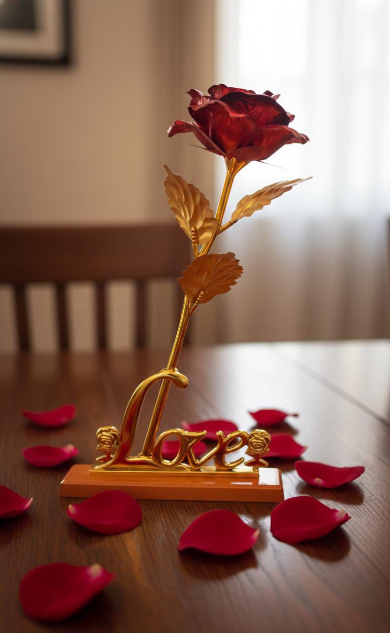 Gold Plated Red Rose with "Love" Stand – Romantic Gift Souvenir